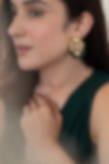 Gold Plated Jade Green Stone & Kundan Polki Dangler Earrings by Do Taara