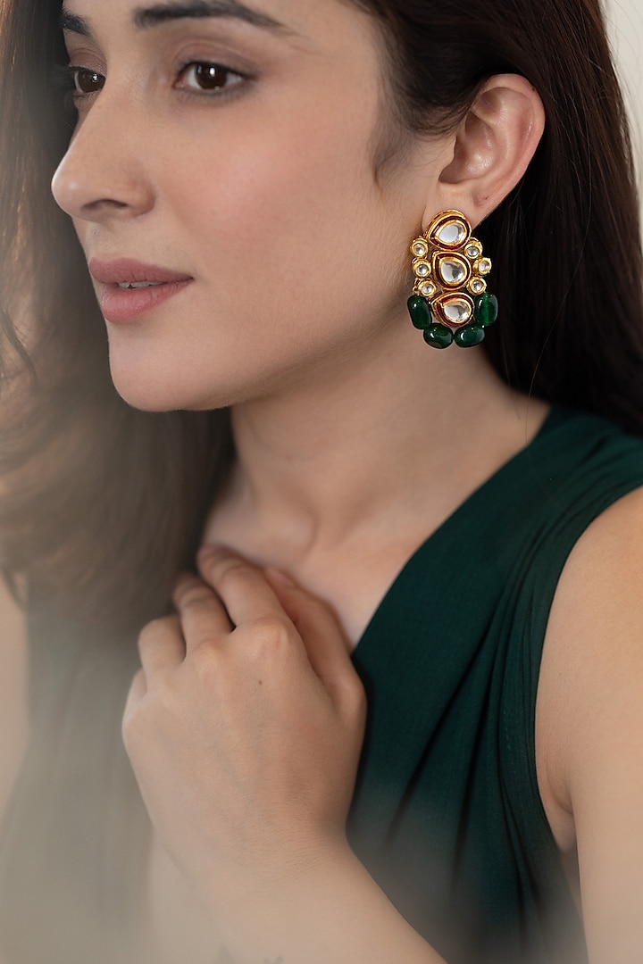 Gold Plated Jade Green Stone & Kundan Polki Dangler Earrings by Do Taara