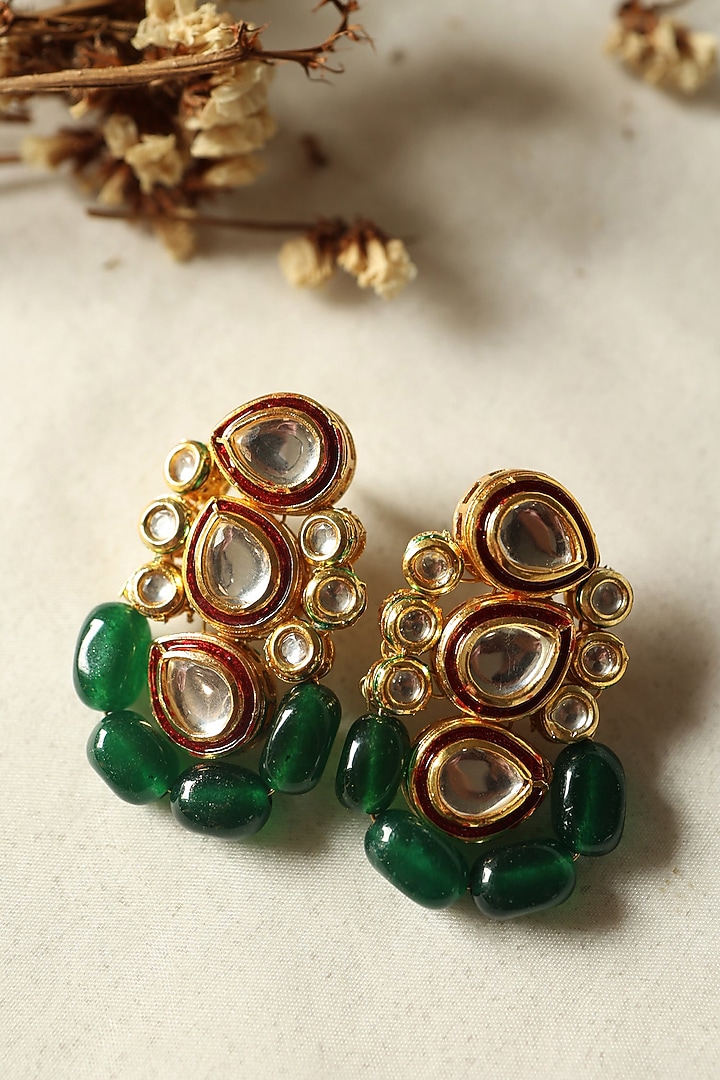 Gold Plated Jade Green Stone & Kundan Polki Dangler Earrings by Do Taara at Pernia's Pop Up Shop