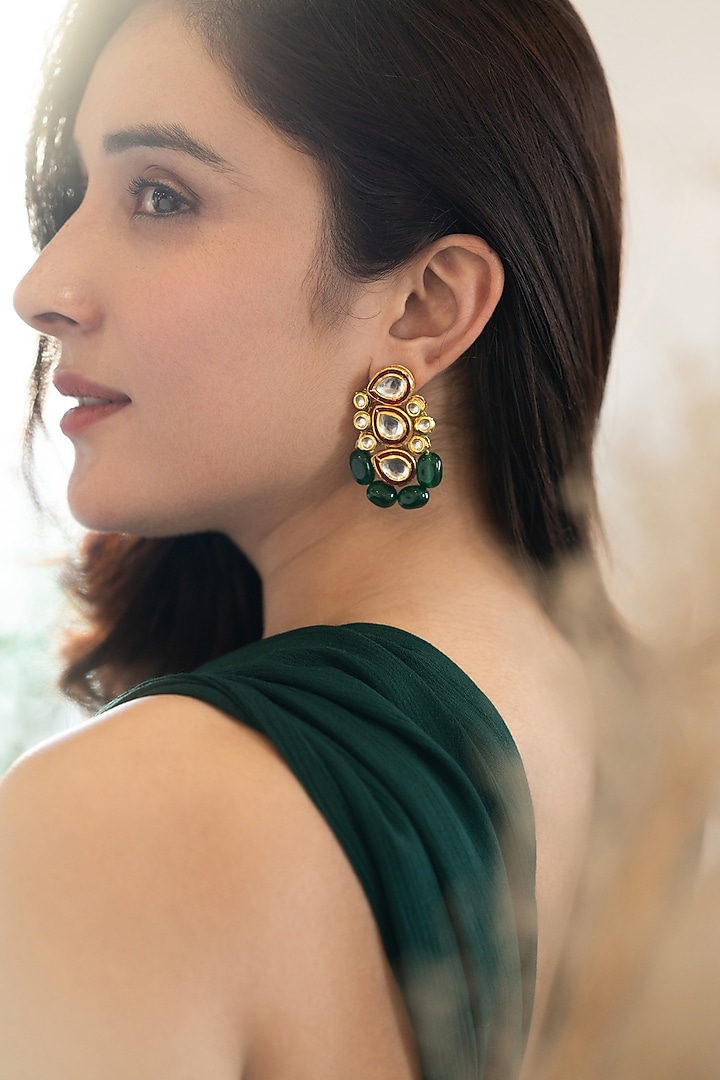 Gold Plated Jade Green Stone & Kundan Polki Dangler Earrings by Do Taara at Pernia's Pop Up Shop