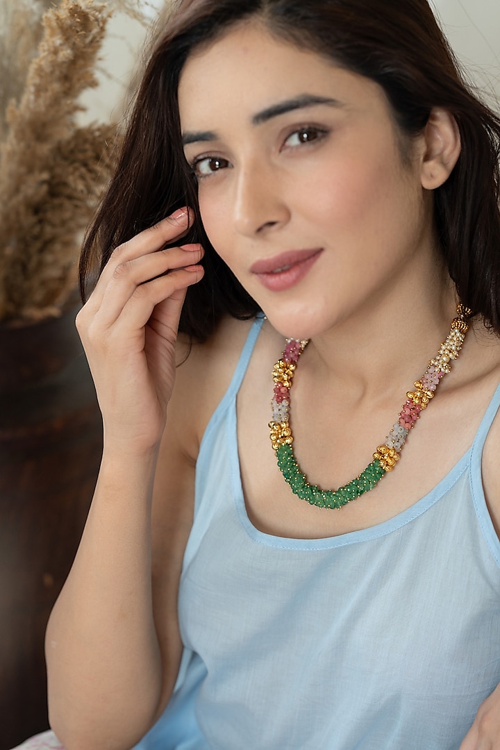 Gold Plated Multi-Colored Onyx & Pearl Necklace by Do Taara