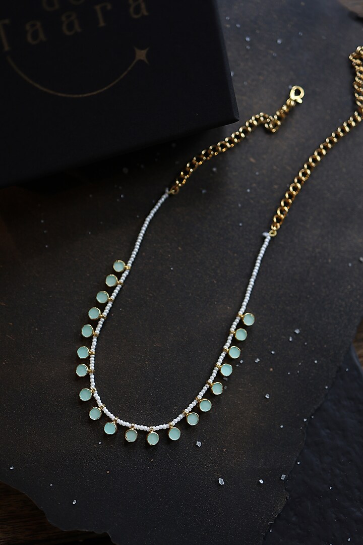 Gold Plated Kundan Polki & Mint Pearl Necklace by Do Taara at Pernia's Pop Up Shop