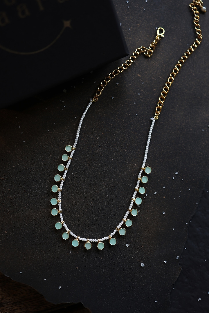Gold Plated Kundan Polki & Mint Pearl Necklace by Do Taara at Pernia's Pop Up Shop