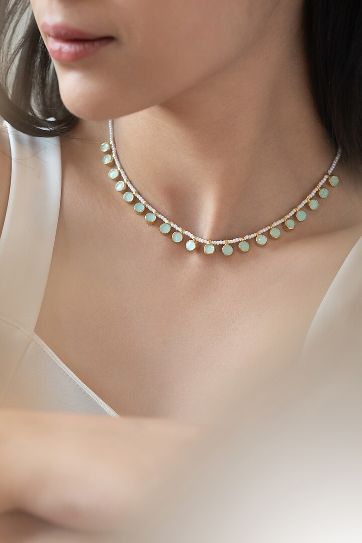 Gold Plated Kundan Polki & Mint Pearl Necklace by Do Taara at Pernia's Pop Up Shop
