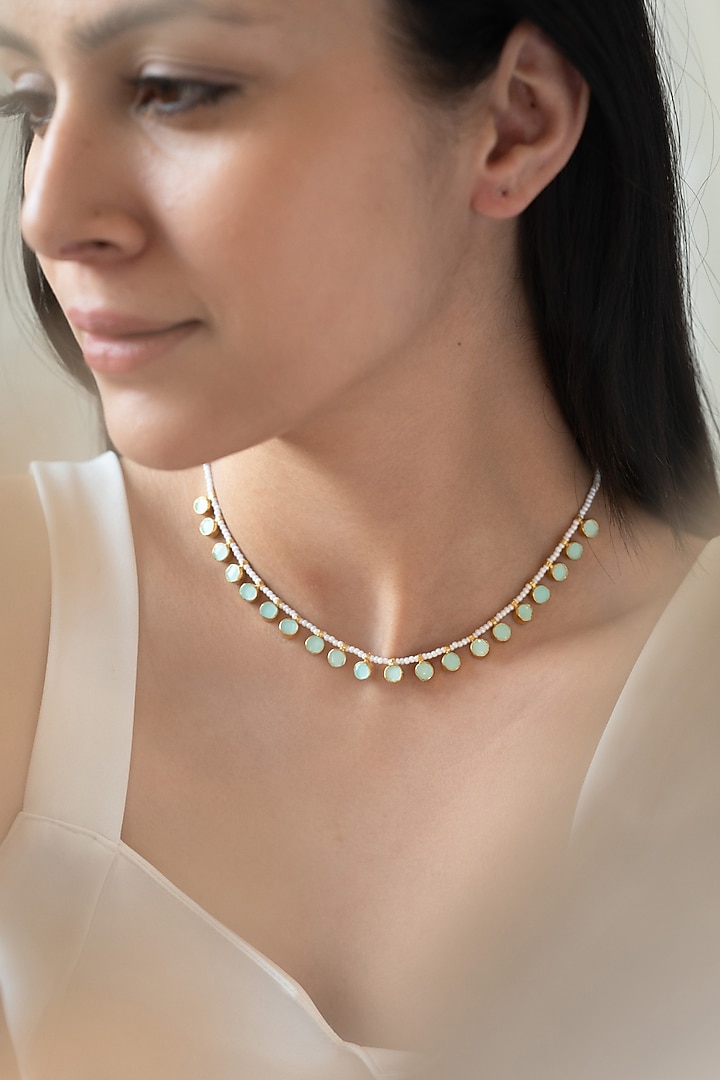 Gold Plated Kundan Polki & Mint Pearl Necklace by Do Taara at Pernia's Pop Up Shop
