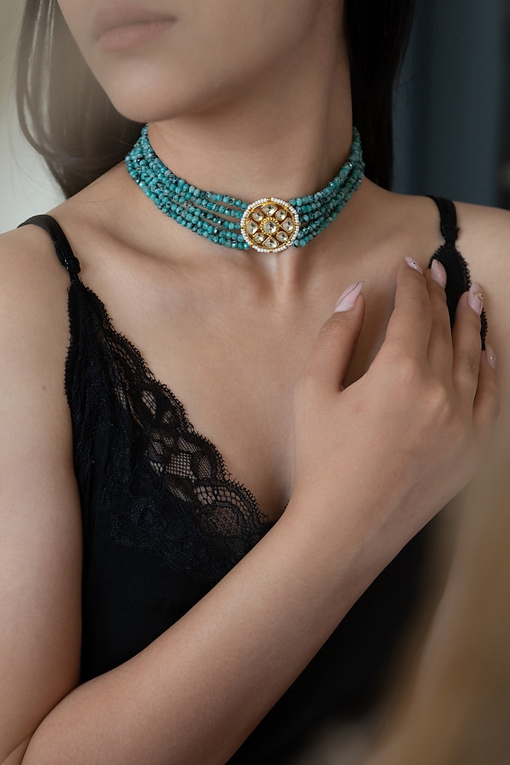 Gold Plated Kundan Polki & Turquoise Onyx Necklace by Do Taara at Pernia's Pop Up Shop