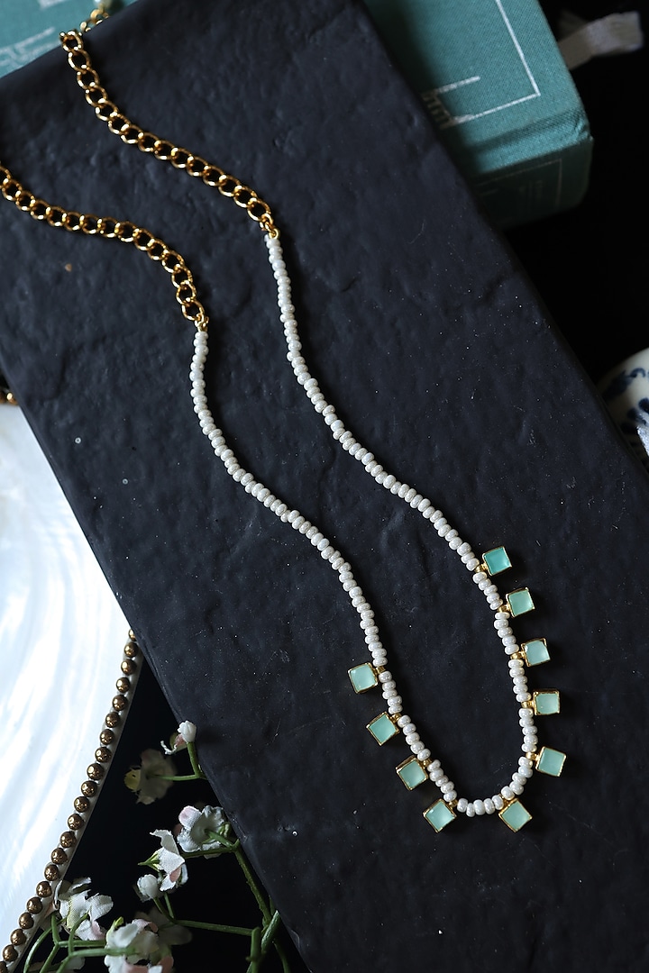 Gold Plated Mint Kundan Polki & Pearl Necklace by Do Taara at Pernia's Pop Up Shop