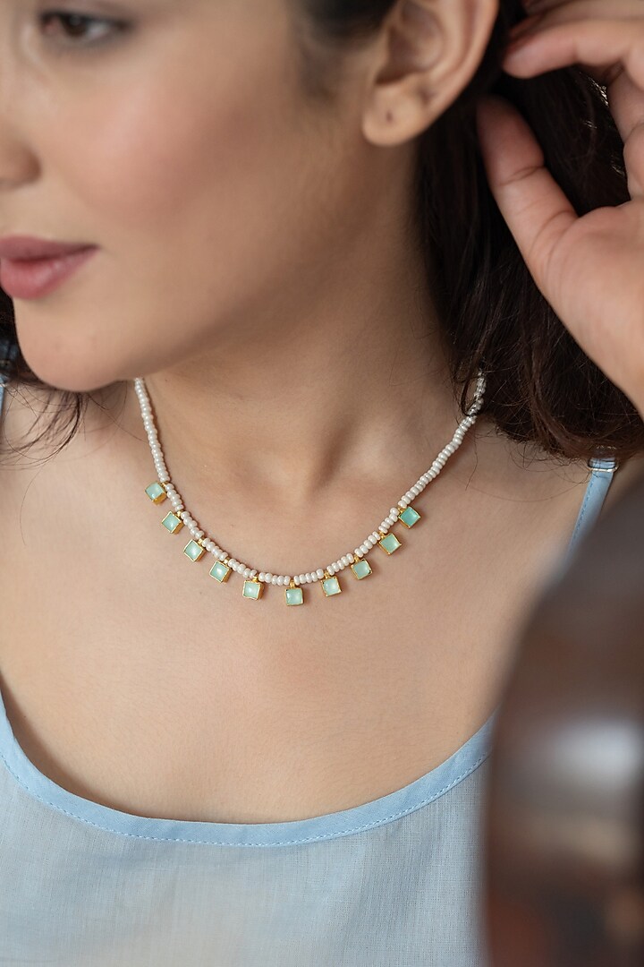 Gold Plated Mint Kundan Polki & Pearl Necklace by Do Taara at Pernia's Pop Up Shop