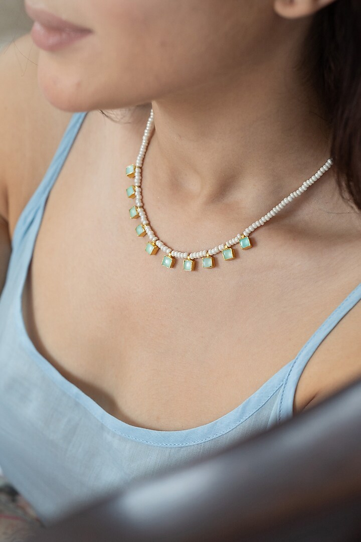 Gold Plated Mint Kundan Polki & Pearl Necklace by Do Taara at Pernia's Pop Up Shop