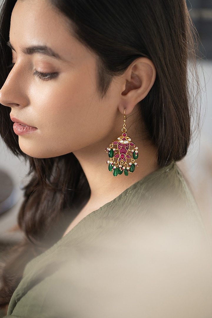 Gold Plated Pink Kundan Polki & Jade Green Stone Dangler Earrings by Do Taara