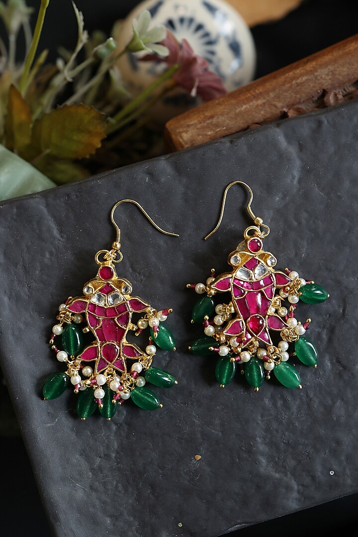 Gold Plated Pink Kundan Polki & Jade Green Stone Dangler Earrings by Do Taara at Pernia's Pop Up Shop