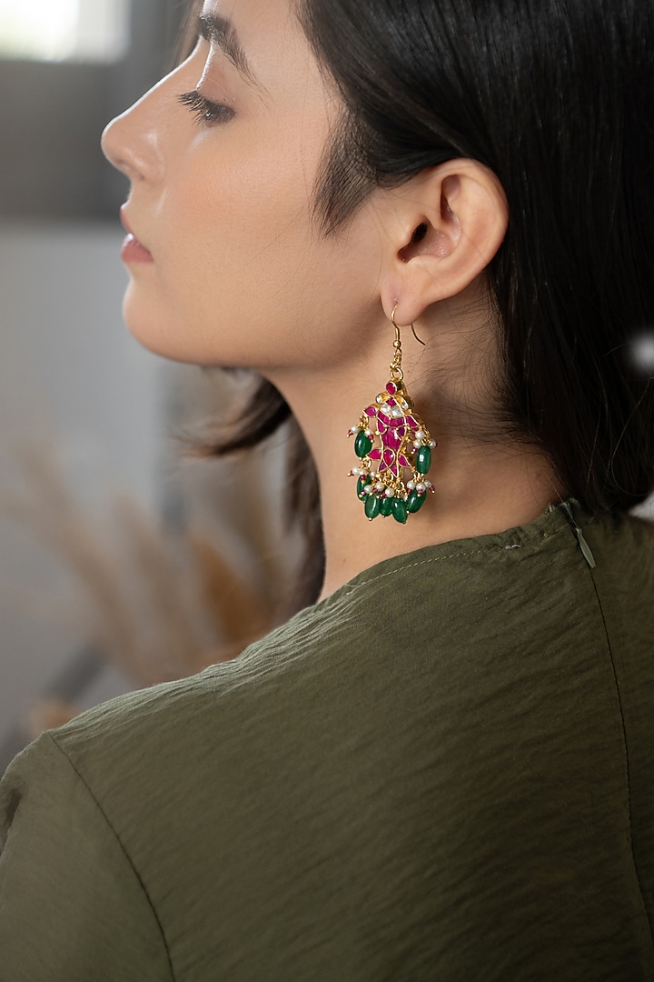 Gold Plated Pink Kundan Polki & Jade Green Stone Dangler Earrings by Do Taara at Pernia's Pop Up Shop