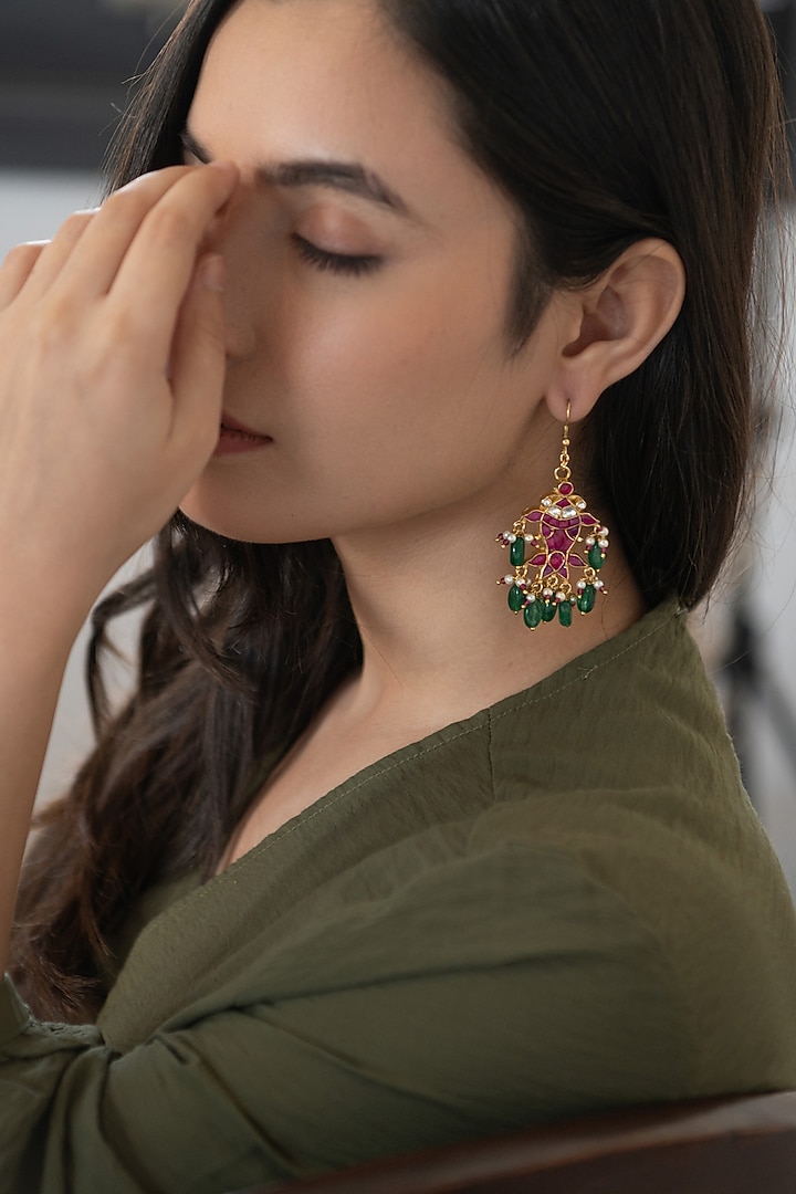Gold Plated Pink Kundan Polki & Jade Green Stone Dangler Earrings by Do Taara at Pernia's Pop Up Shop