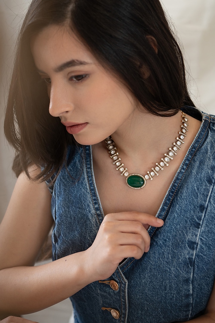 Gold Plated Cubic Zirconia & Jade Green Stone Necklace Set by Do Taara at Pernia's Pop Up Shop