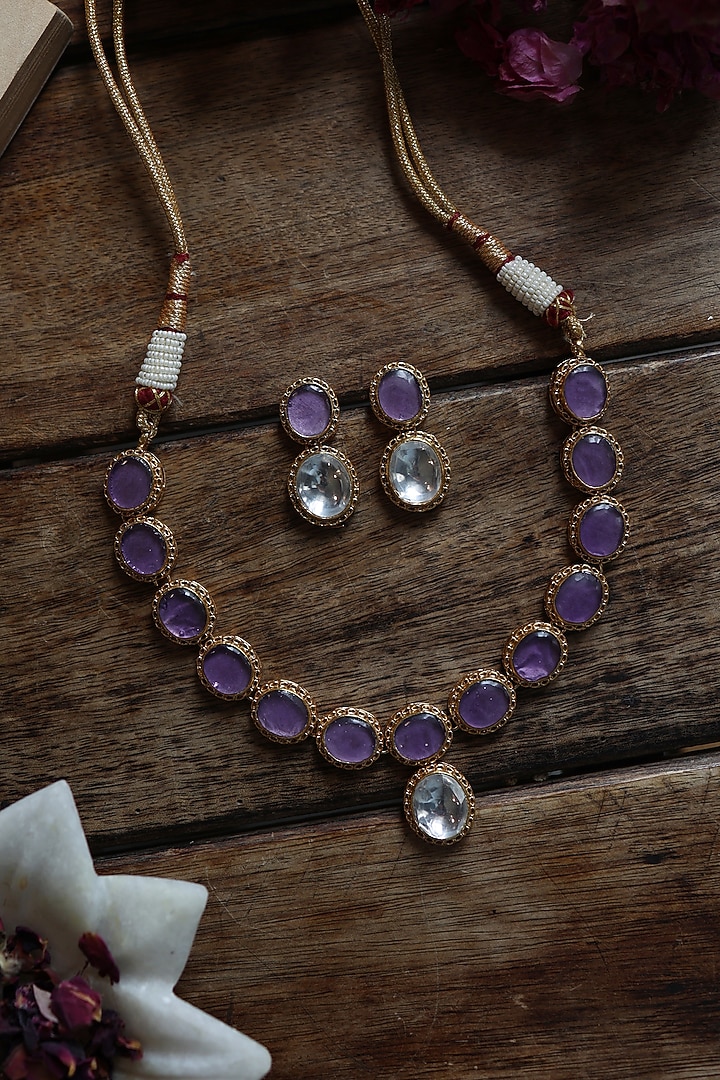 Gold Plated Purple Kundan Polki & Natural Stone Necklace Set by Do Taara at Pernia's Pop Up Shop