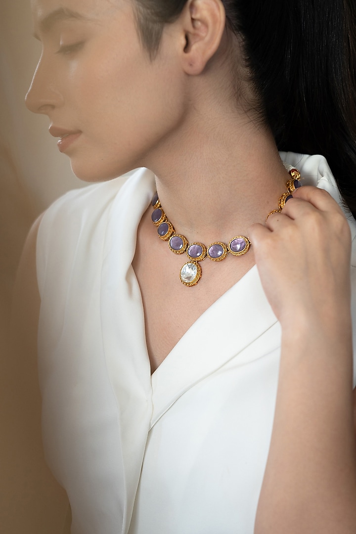 Gold Plated Purple Kundan Polki & Natural Stone Necklace Set by Do Taara at Pernia's Pop Up Shop