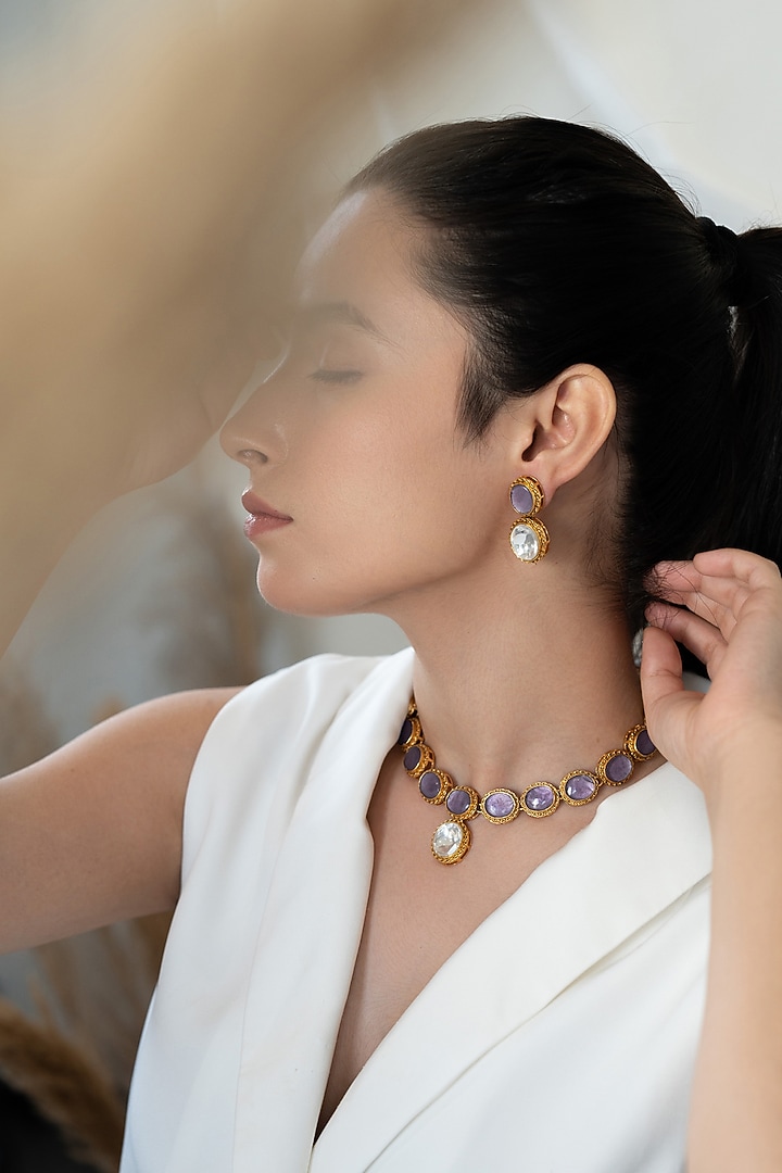 Gold Plated Purple Kundan Polki & Natural Stone Necklace Set by Do Taara at Pernia's Pop Up Shop