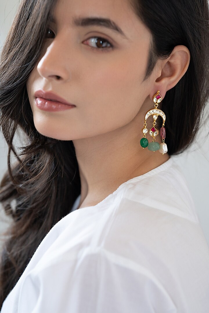 Gold Plated Multi-Colored Kundan Polki & Pearl Dangler Earrings by Do Taara at Pernia's Pop Up Shop