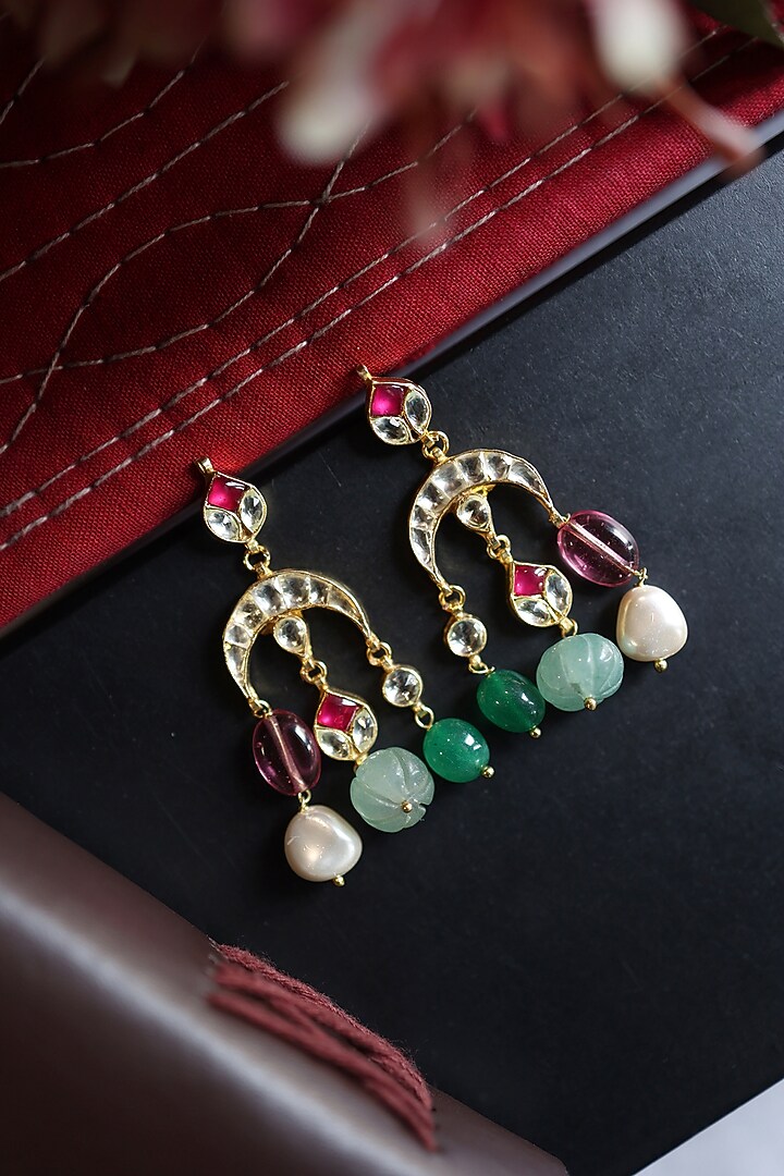 Gold Plated Multi-Colored Kundan Polki & Pearl Dangler Earrings by Do Taara at Pernia's Pop Up Shop