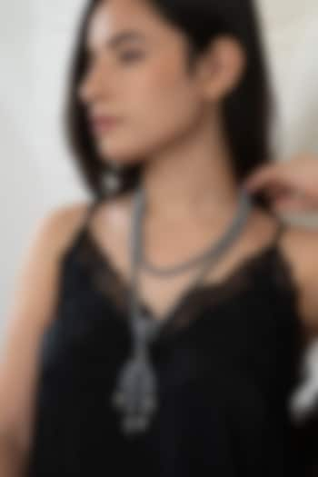 Black Rhodium Finish Grey Natural Stone & Pearl Necklace by Do Taara at Pernia's Pop Up Shop