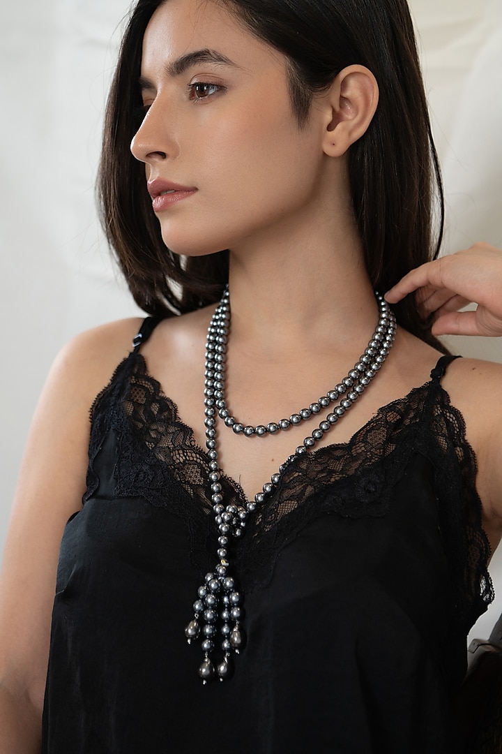 Black Rhodium Finish Grey Natural Stone & Pearl Necklace by Do Taara at Pernia's Pop Up Shop