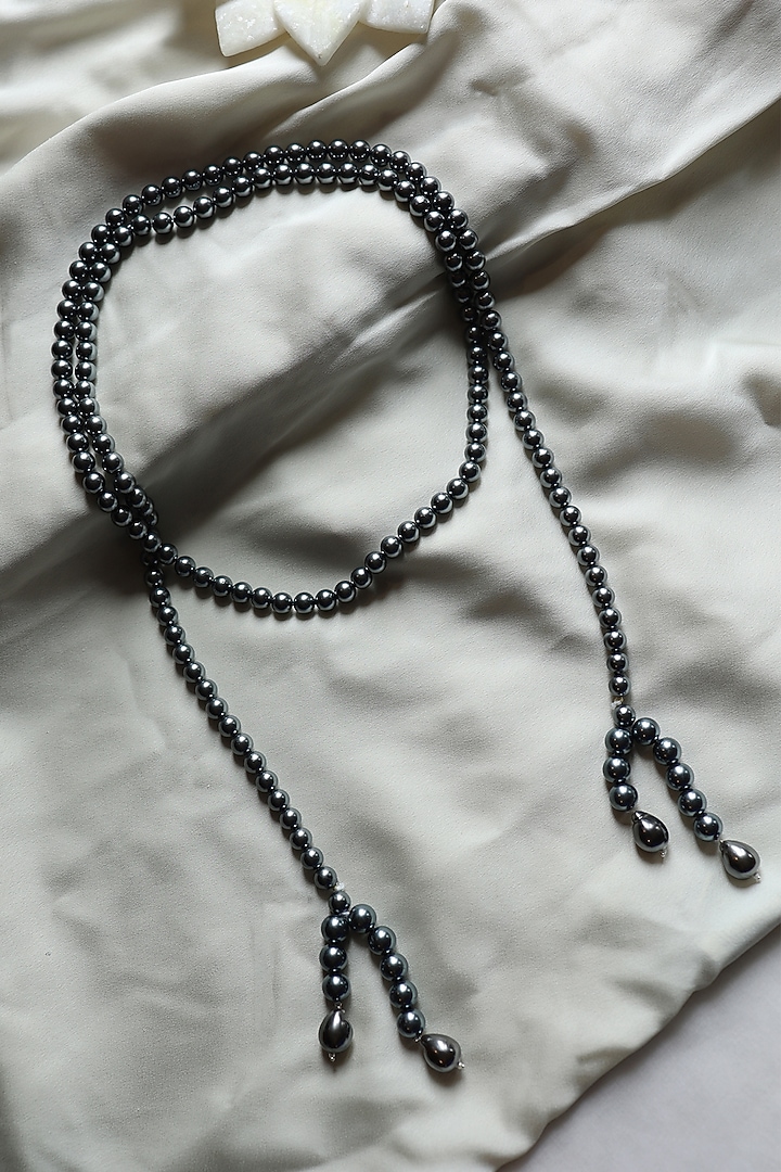 Black Rhodium Finish Grey Natural Stone & Pearl Necklace by Do Taara at Pernia's Pop Up Shop