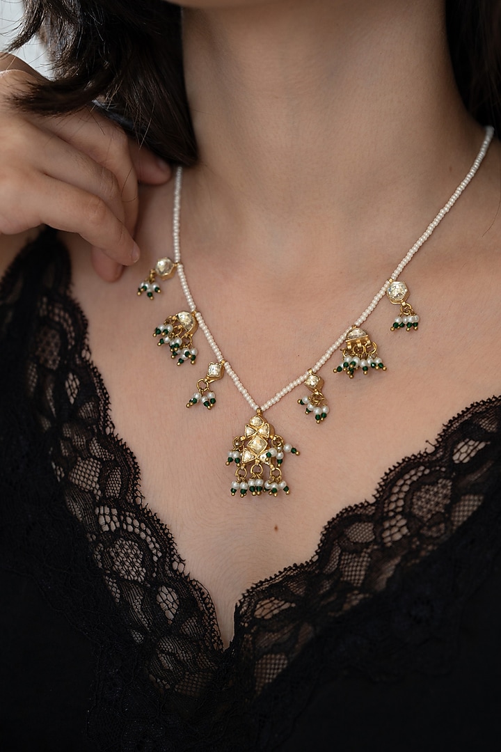 Gold Plated Kundan Polki & Green Hydro Stone Necklace by Do Taara at Pernia's Pop Up Shop