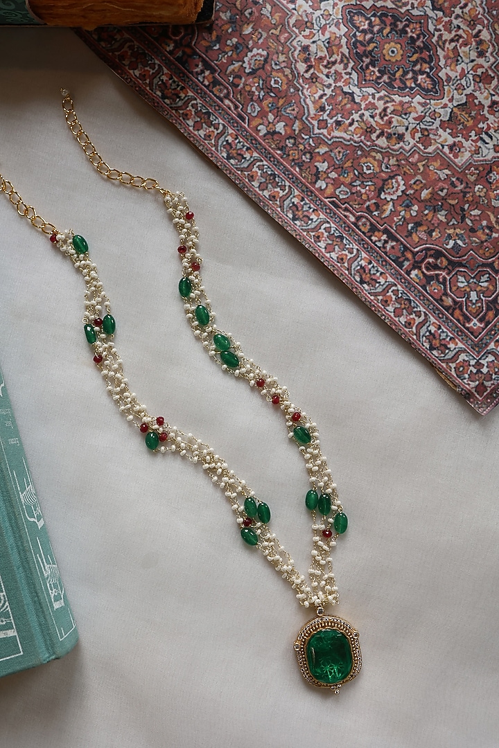 Gold Plated Red Onyx & Jade Green Stone Pendant Necklace by Do Taara at Pernia's Pop Up Shop