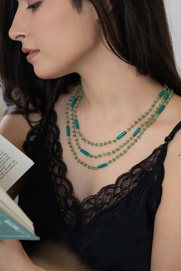 Gold Plated Mint Pearl & Onyx Layered Necklace Set by Do Taara at Pernia's Pop Up Shop