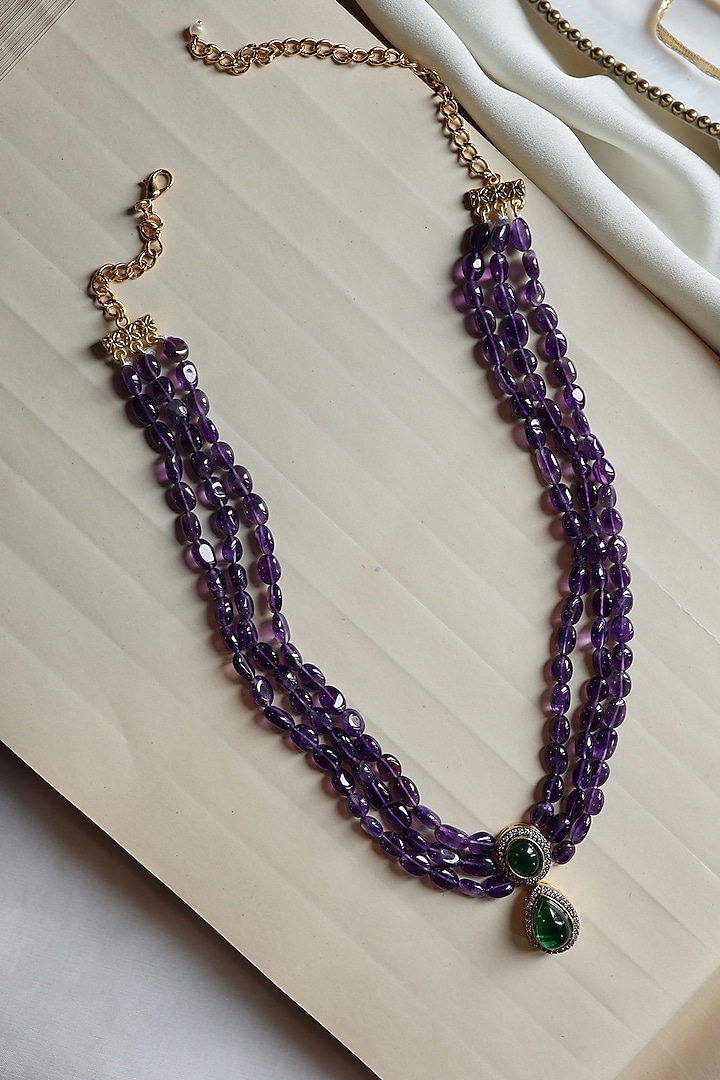 Gold Plated Amethyst Stone & Cubic Zirconia Layered Necklace Set by Do Taara at Pernia's Pop Up Shop