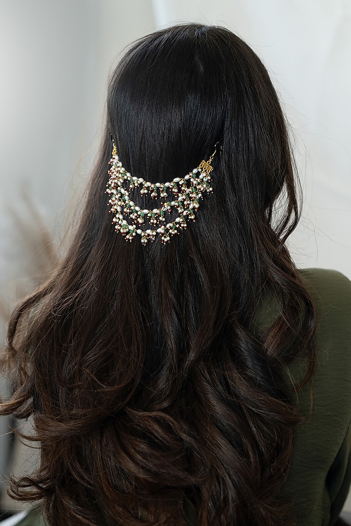 Gold Plated Shell Pearl & Mint Onyx Adjustable Braid Pin by Do Taara at Pernia's Pop Up Shop