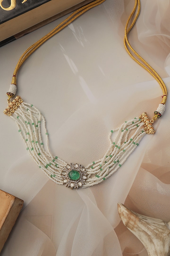 Gold Plated Kundan Polki & Pearl Choker Necklace by Do Taara at Pernia's Pop Up Shop