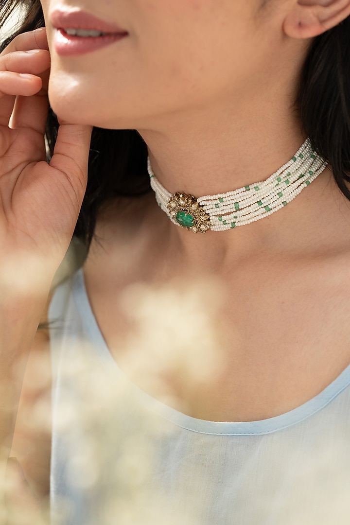 Gold Plated Kundan Polki & Pearl Choker Necklace by Do Taara at Pernia's Pop Up Shop