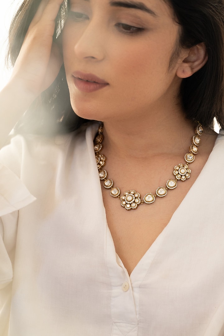Gold Plated Kundan Polki & Cubic Zirconia Necklace by Do Taara at Pernia's Pop Up Shop