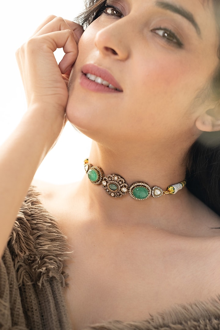 Gold Plated Kundan Polki & Mint Fluorite Stone Necklace by Do Taara at Pernia's Pop Up Shop