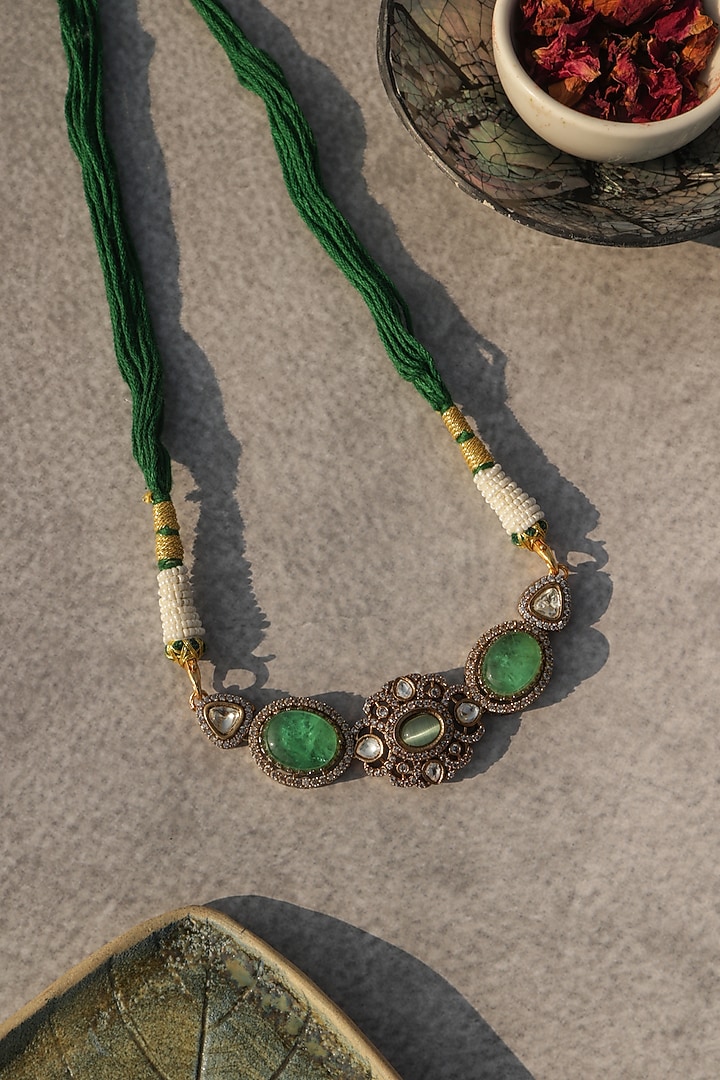 Gold Plated Kundan Polki & Mint Fluorite Stone Necklace by Do Taara at Pernia's Pop Up Shop