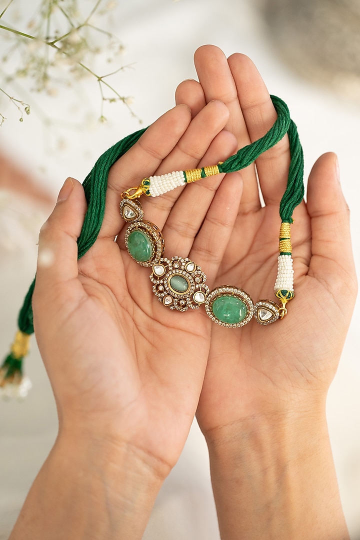 Gold Plated Kundan Polki & Mint Fluorite Stone Necklace by Do Taara at Pernia's Pop Up Shop