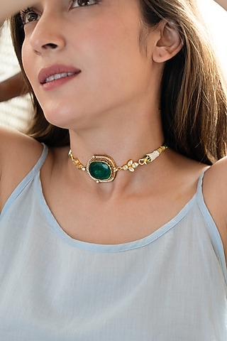 Gold Plated Kundan Polki & Emerald Doublet Stone Choker Necklace by Do Taara