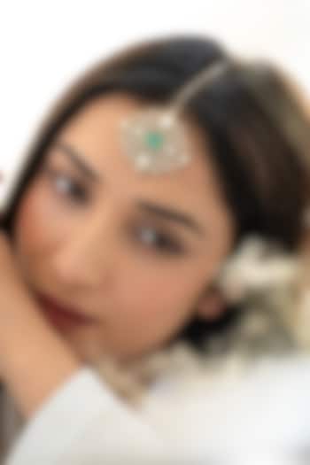 Gold Plated Mint Stone & Cubic Zirconia Maangtikka by Do Taara at Pernia's Pop Up Shop