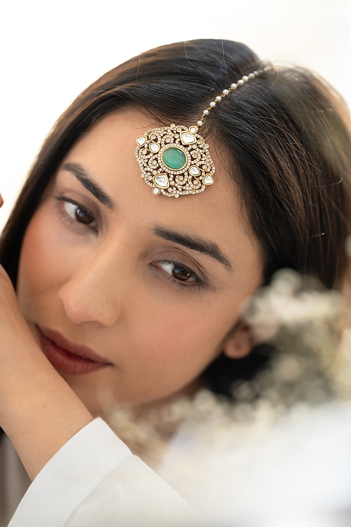 Gold Plated Mint Stone & Cubic Zirconia Maangtikka by Do Taara at Pernia's Pop Up Shop