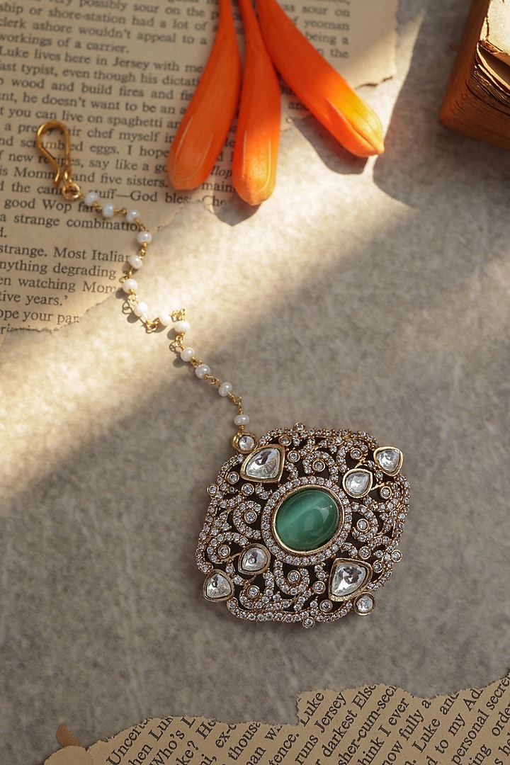 Gold Plated Mint Stone & Cubic Zirconia Maangtikka by Do Taara at Pernia's Pop Up Shop