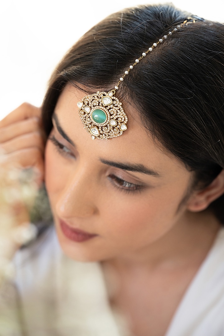Gold Plated Mint Stone & Cubic Zirconia Maangtikka by Do Taara at Pernia's Pop Up Shop