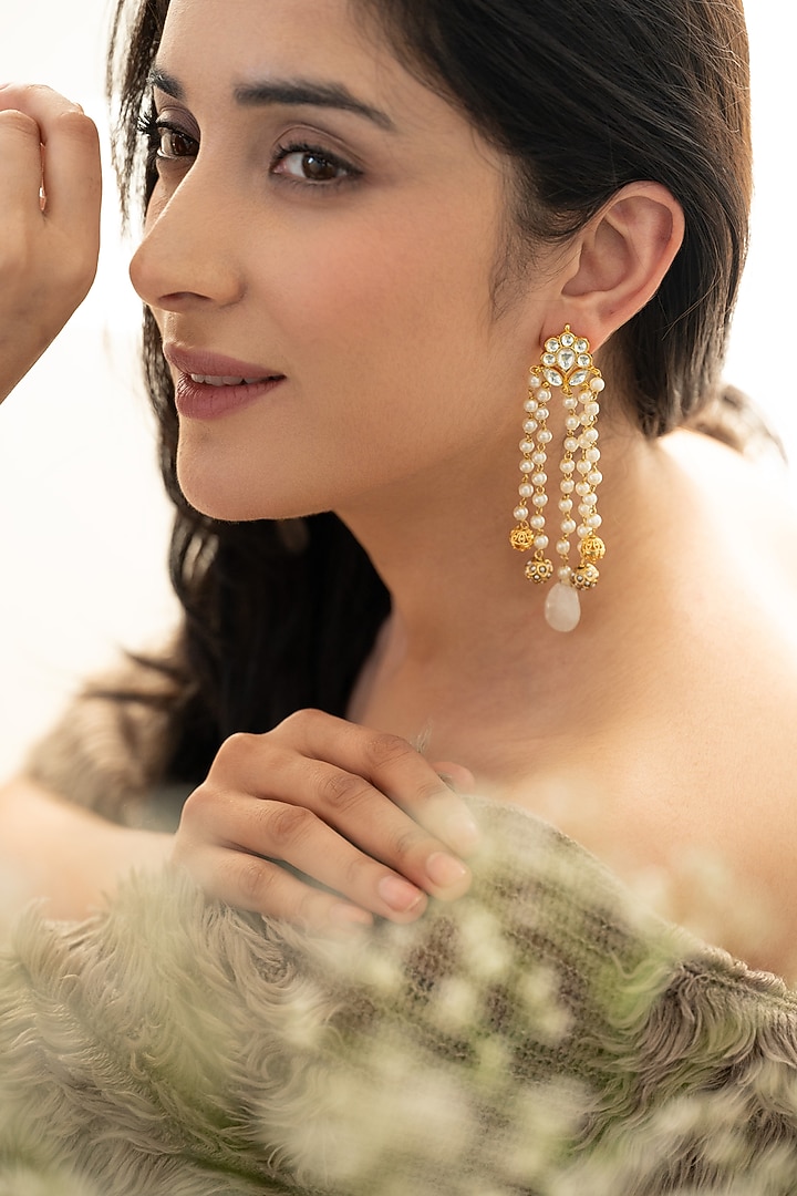 Gold Plated Kundan Polki & Fluorite Stone Dangler Earrings by Do Taara at Pernia's Pop Up Shop