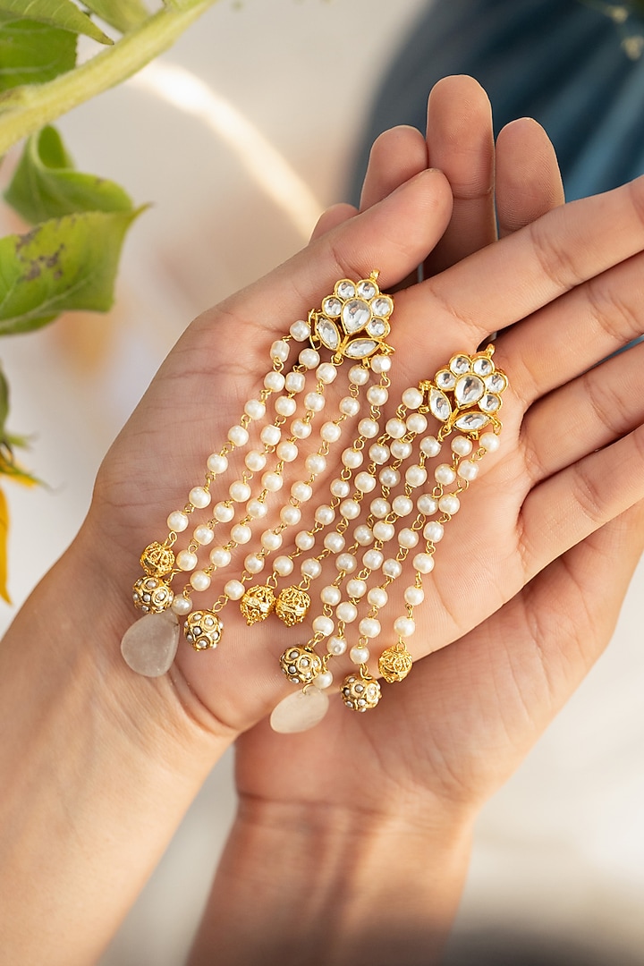 Gold Plated Kundan Polki & Fluorite Stone Dangler Earrings by Do Taara at Pernia's Pop Up Shop