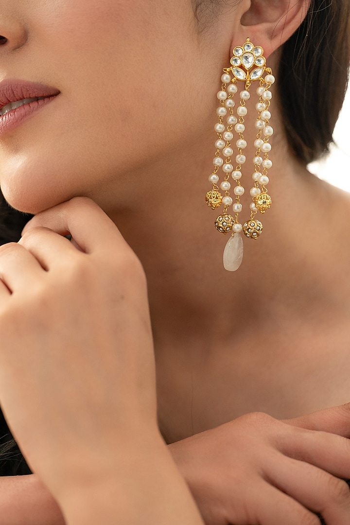 Gold Plated Kundan Polki & Fluorite Stone Dangler Earrings by Do Taara at Pernia's Pop Up Shop