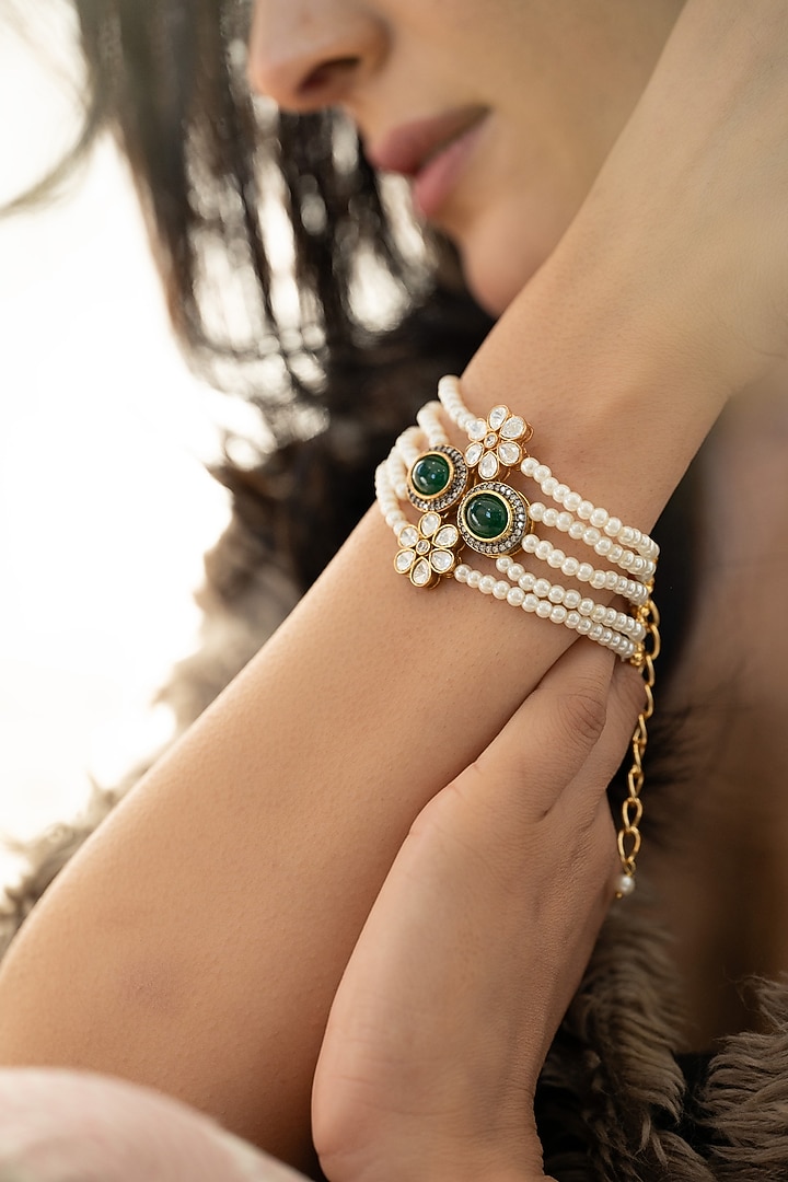 Gold Plated Kundan Polki & Green Gemstone Bracelet by Do Taara at Pernia's Pop Up Shop