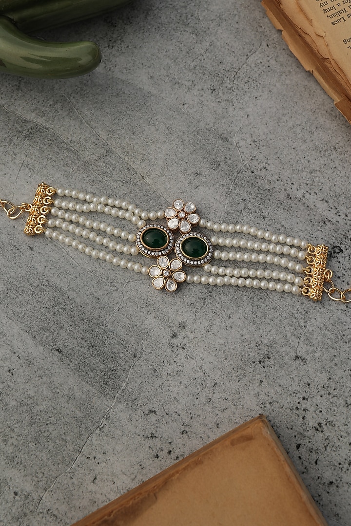 Gold Plated Kundan Polki & Green Gemstone Bracelet by Do Taara at Pernia's Pop Up Shop