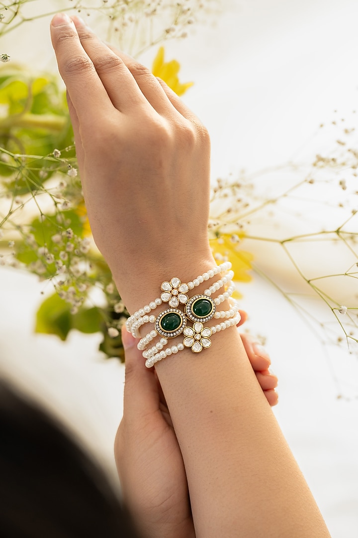 Gold Plated Kundan Polki & Green Gemstone Bracelet by Do Taara at Pernia's Pop Up Shop