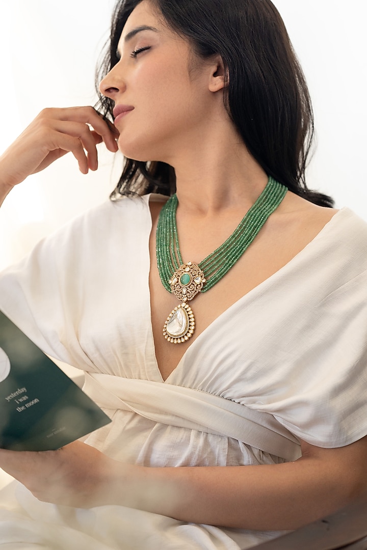 Gold Plated Kundan Polki & Mint Stone Necklace by Do Taara at Pernia's Pop Up Shop