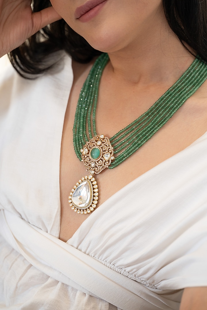 Gold Plated Kundan Polki & Mint Stone Necklace by Do Taara at Pernia's Pop Up Shop